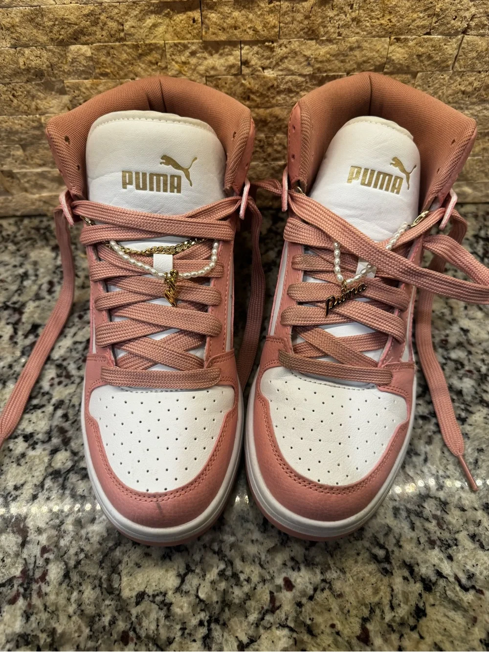 PUMA women’s size 9 Pink and White High-Top Sneakers with bling